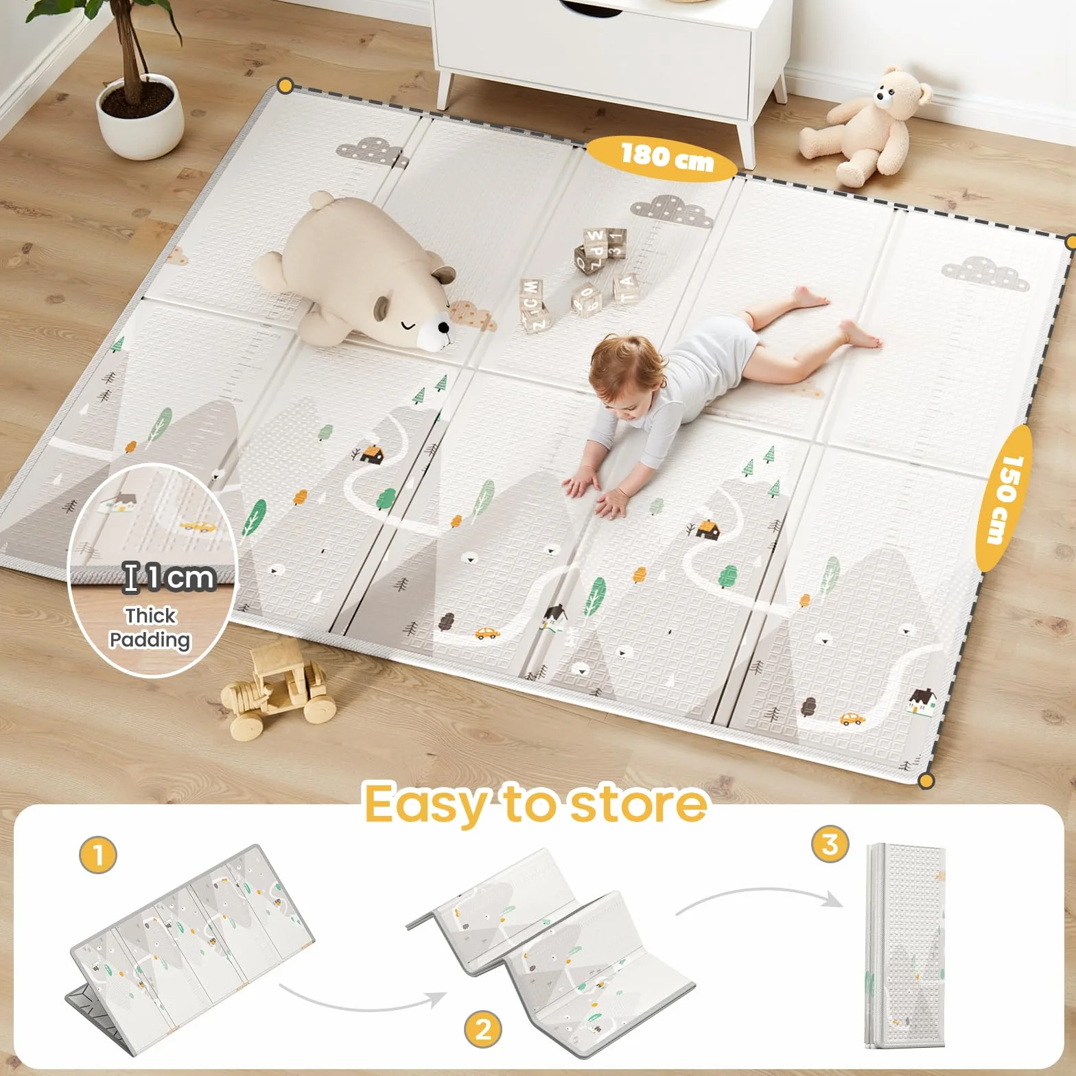 Parc Bebe 150x180cm avec Tapis - Grand Espace Sécurisé, Tapis Doux et Facile à Nettoyer, Structure Stable, Tissu Oxford et Acier Inoxydable, avec 4 Anneaux, Intérieur et Extérieur