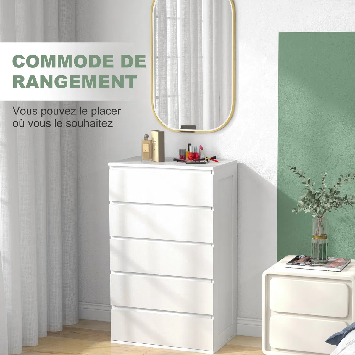 HOMCOM Commode 5 tiroirs, Meuble de Rangement étroit sans poignées, chiffonnier, Style Moderne, Commode pour Chambre à Coucher, Salon, Couloir, 60 x 39 x 100 cm, Blanc