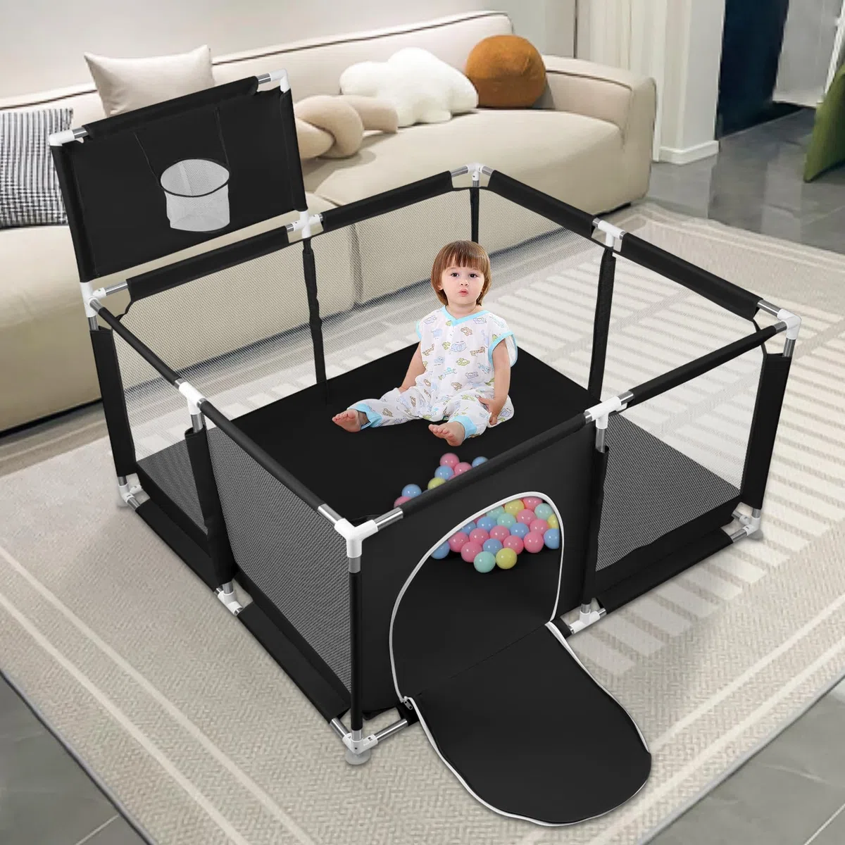 Parc Bébé,Modulable 126x126cm,50 Balles,Pliable pour Enfants 0-24 Mois,Aire de Jeu Sécurisée Maison, Tapis Anti-Dérapant Intérieur,Centre d'Activités pour Enfants,Basketball Rack