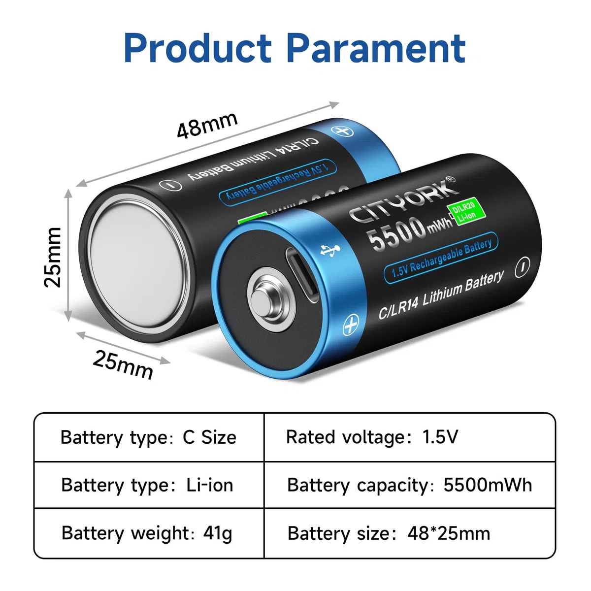 CITYORK Lot de 8 batteries rechargeables Baby C 5500 mWh 1,5 V avec USB-C - Batterie lithium-ion LR14 C - Charge en moins de 2 heures - Plus de 1000 cycles - Avec câble de charge de type C -