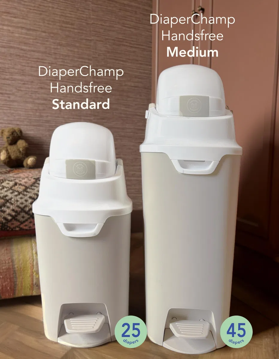 DIAPER CHAMP Handsfree Medium - incl 10 sacs ECO gratuits - Poubelle à couches anti-odeurs - mains libre - capacité idéale - crèches, micro-crèches, MAM - Sans cassettes de recharge - Gris