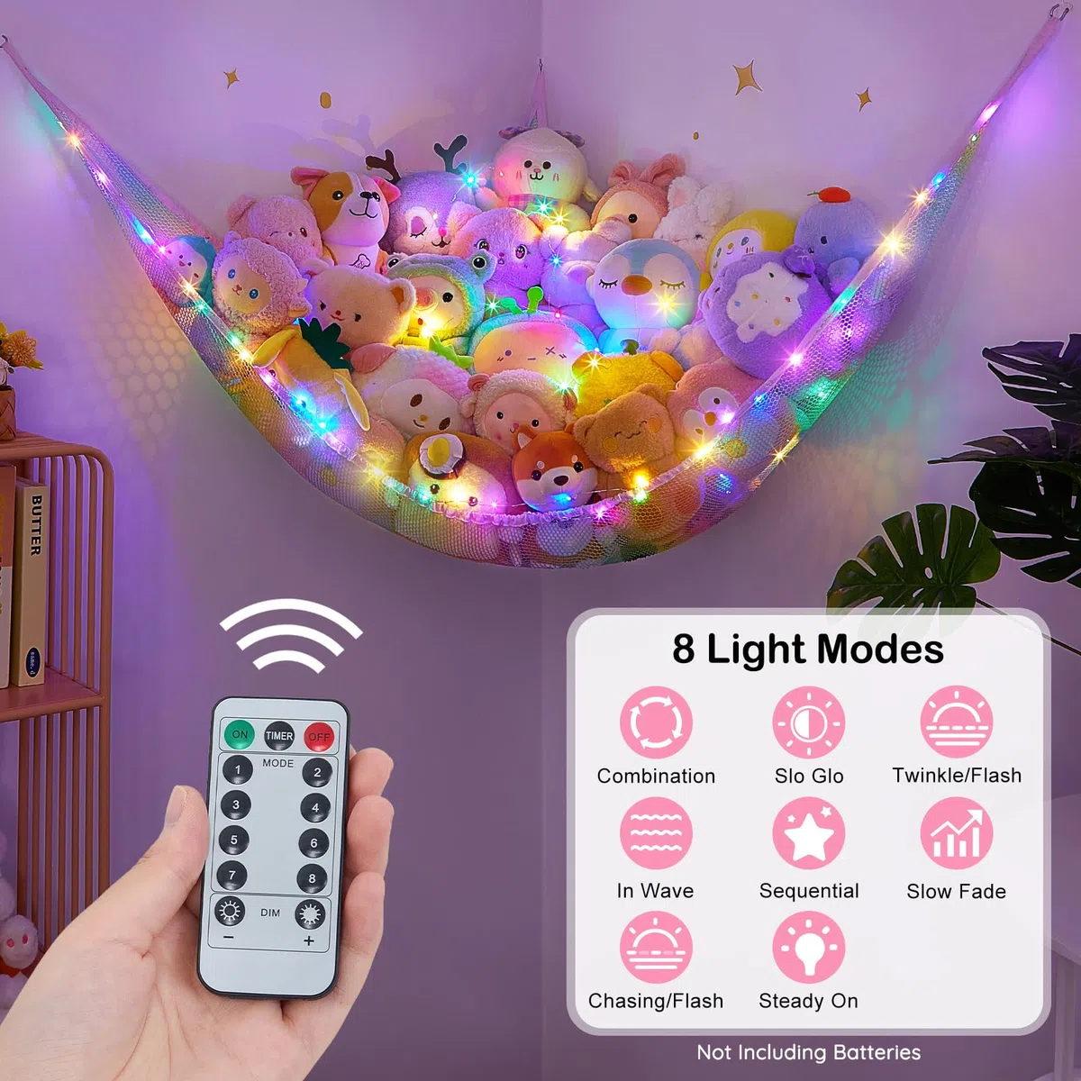 Unicorn Castle Hamac de rangement en filet pour animaux en peluche avec lumière LED - Organiseur d'angle à suspendre pour animaux en peluche - Pour décoration de chambre d'enfant