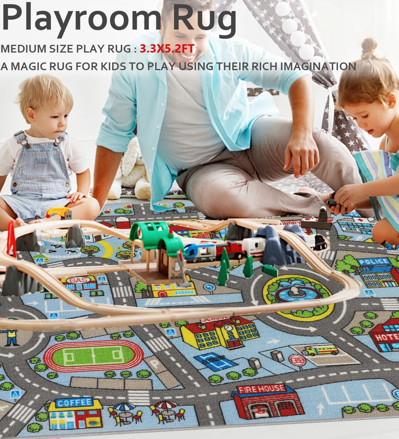 Capslpad Tapis de voiture pour enfants - 100 x 160 cm - Antidérapant - Plan de ville - Tapis de jeu interactif - Lavable - Créatif - Tapis de jeu éducatif pour enfants et adolescents - Décoration de