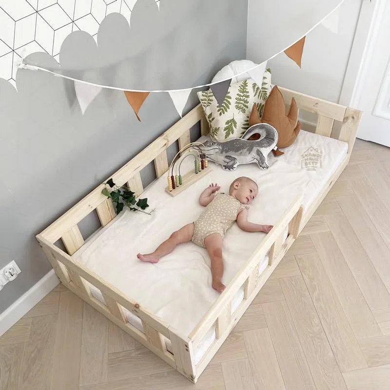 Lit au Sol 60x120 Bois Naturel Bébé Sécurité