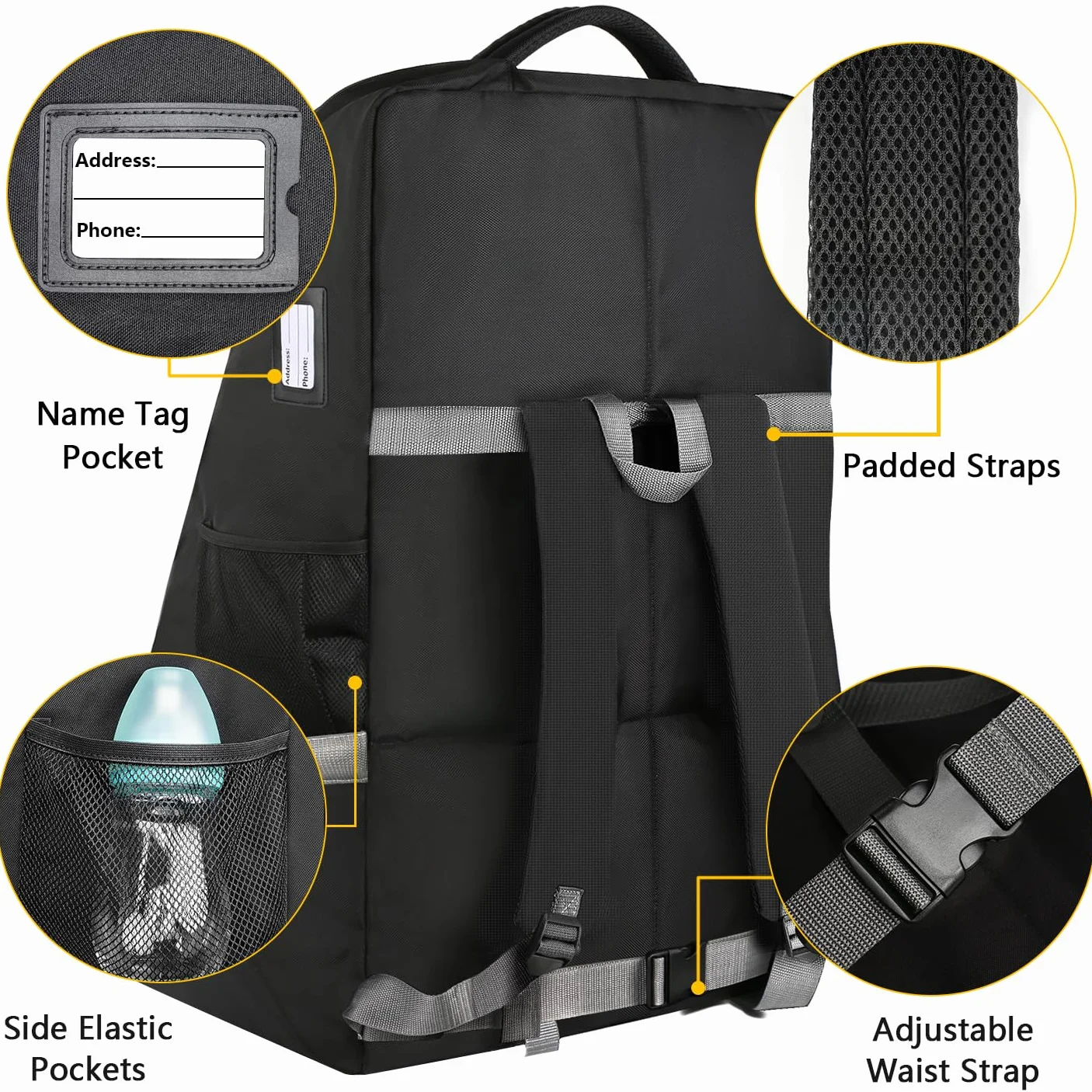 YOREPEK Housse Poussette Avion, Sac de Transport Voyage avec Bretelles pour Poussettes, Housse Sac a Dos Avion Résistante Étanche Durable pour Avion Voiture, Noir