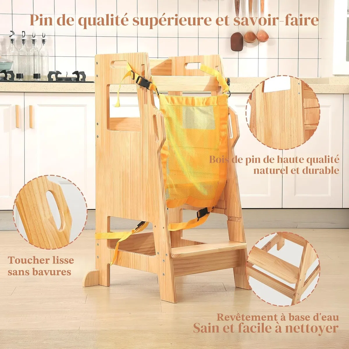Tour d'apprentissage pour Enfants avec Filet de Sécurité, Marchepied de Cuisine Réglable 3 Niveaux, Chaise Montessori