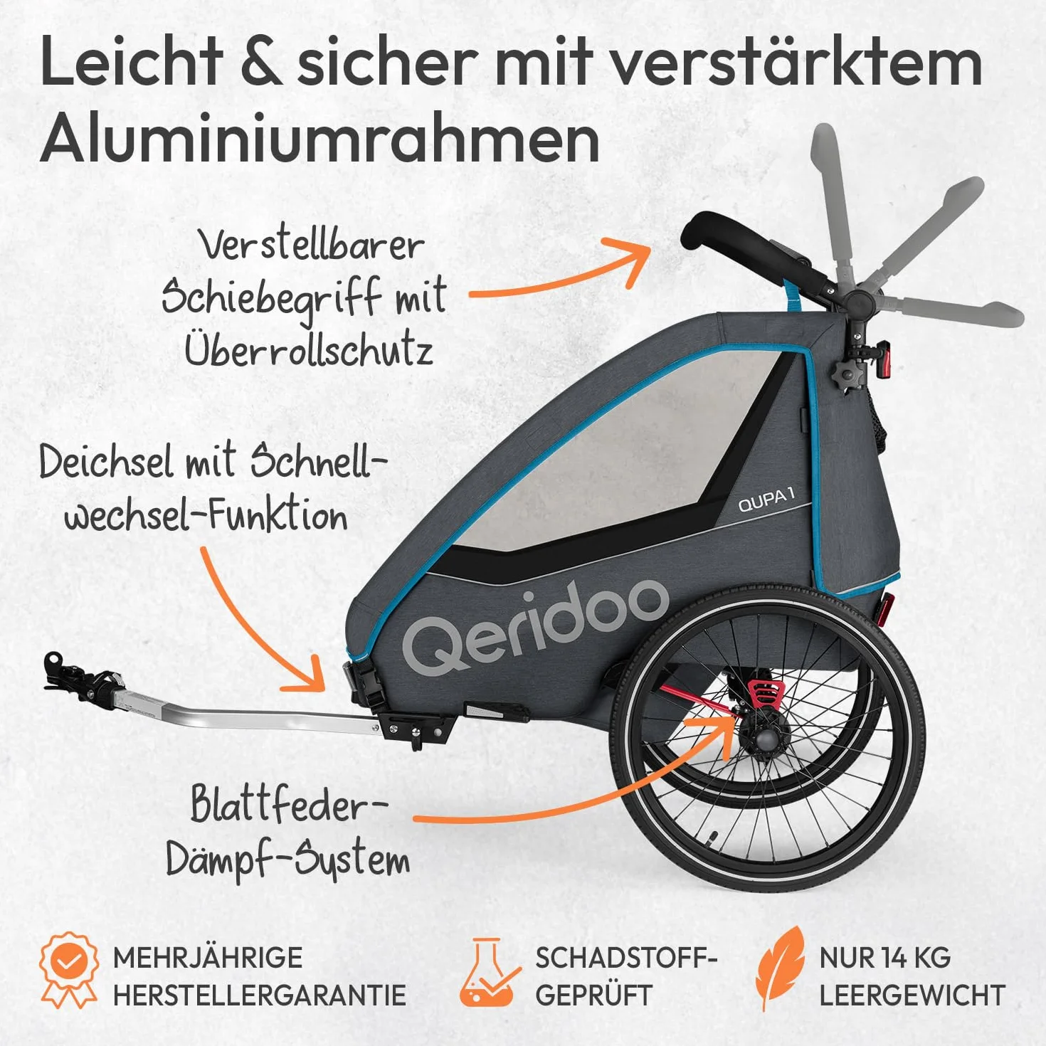 Qeridoo Qupa 1 Remorque de vélo avec suspension à lames, cabine pliante, banquette arrière amovible, buggy, système de harnais 5 points