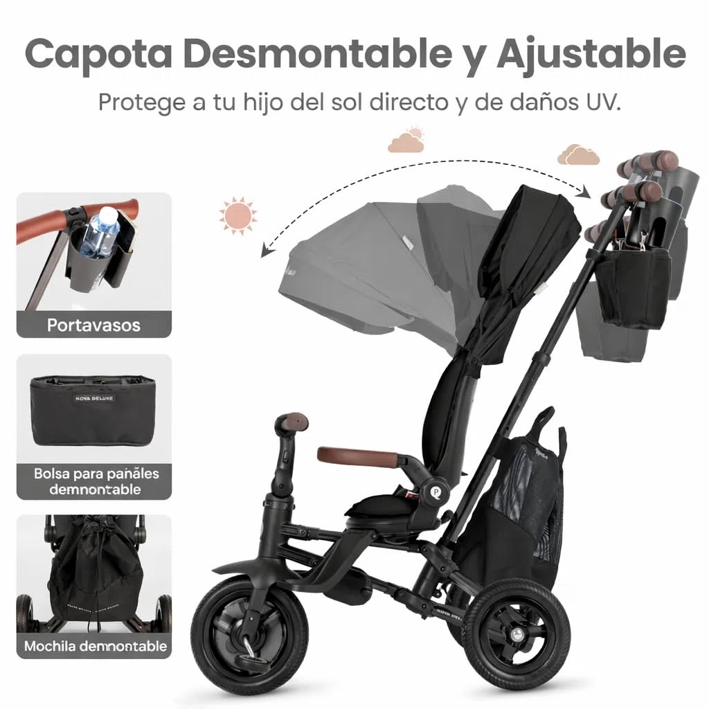 QPlay Nova Deluxe Poussette évolutive avec siège pivotant, pliable compact, capote réglable, cuir fait main, repose-pieds et freins pour enfants de 10 à 36 mois Noir