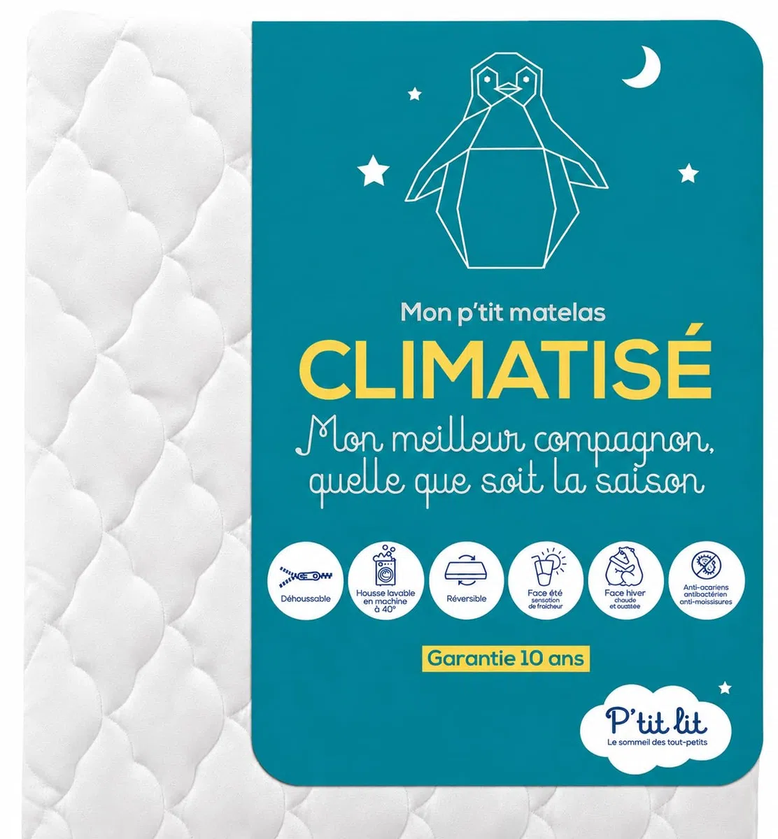 P'tit Lit - Matelas Enfant/Bébé Climatisé - 70x140 cm - 1 face Été fraîche / 1 face Hiver ouatinée - Anti Acarien - Déhoussable - Oeko Tex - Fabrication Française