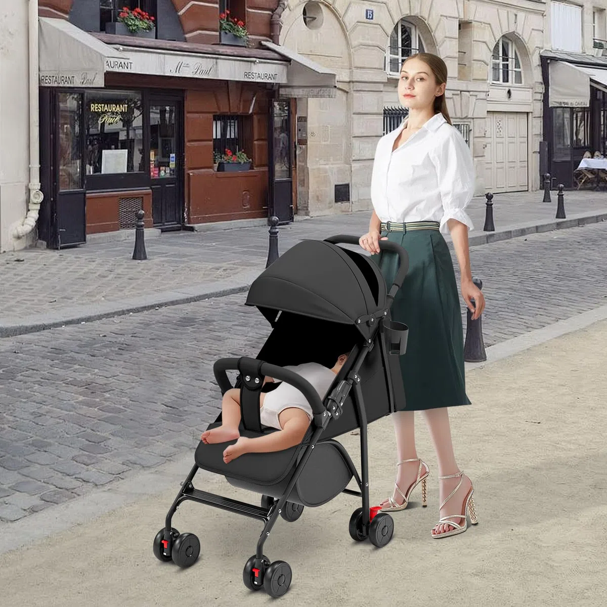 OHMG Poussette Canne,Poussette Canne Compacte 0-36kg,Poussette de Voyage avec Cotons et Moustiquaire,Panier D'achat avec Fonction Extensibler,Capote Extensible (C-Noir)