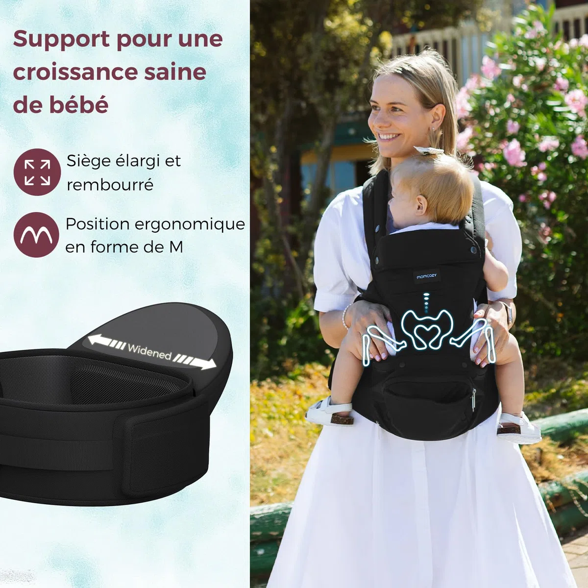 Momcozy Porte-bébé 2 en 1 avec coussin de hanche, réglable, amovible, jusqu'à 20 kg, respirant, soutien lombaire, noir