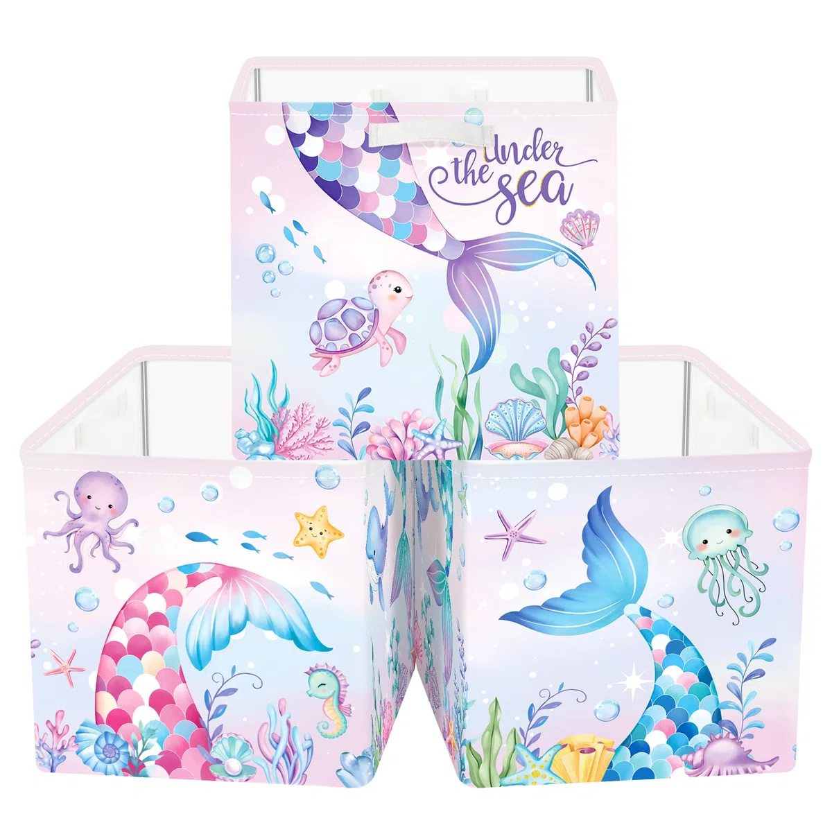 Clastyle Lot de 3 Boite Rangement Tissu Enfant Queue Sirène Cube de Rangement Pliable Filles Panier Kallax pour Salle de Bain,Algue Colorée,30x30x30 cm