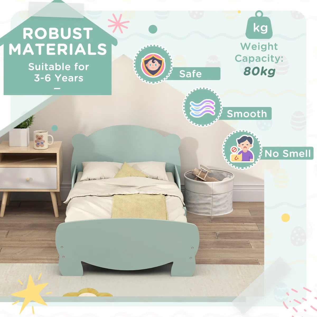 Lit Montessori pour Enfants 3-6 Ans 140x70 cm avec Côtés Anti-Chute et Sommier à Lattes Bois Vert