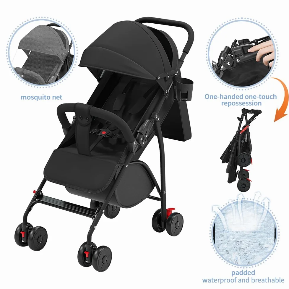 OHMG Poussette Canne,Poussette Canne Compacte 0-36kg,Poussette de Voyage avec Cotons et Moustiquaire,Panier D'achat avec Fonction Extensibler,Capote Extensible (C-Noir)