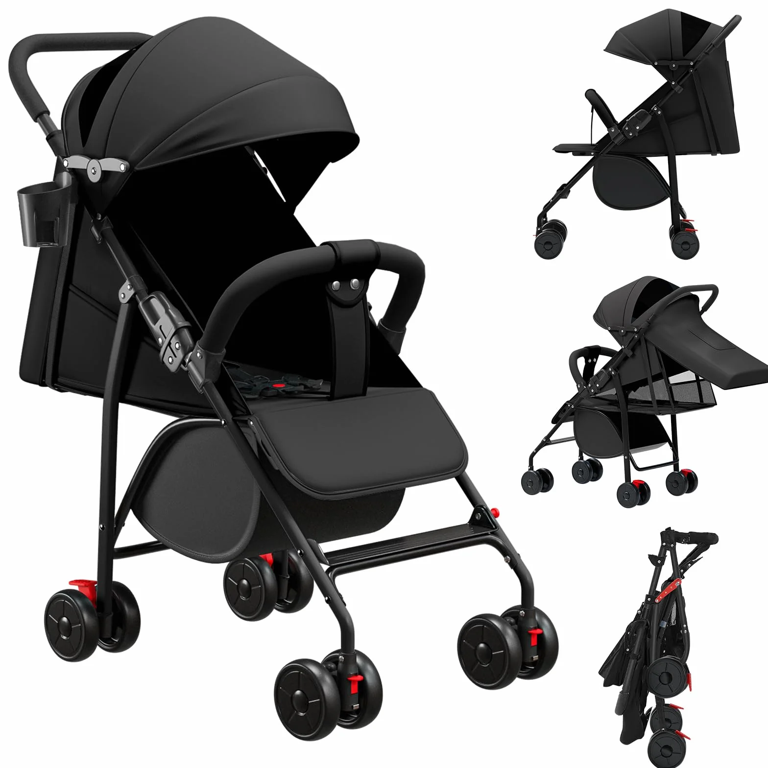 OHMG Poussette Canne,Poussette Canne Compacte 0-36kg,Poussette de Voyage avec Cotons et Moustiquaire,Panier D'achat avec Fonction Extensibler,Capote Extensible (C-Noir)
