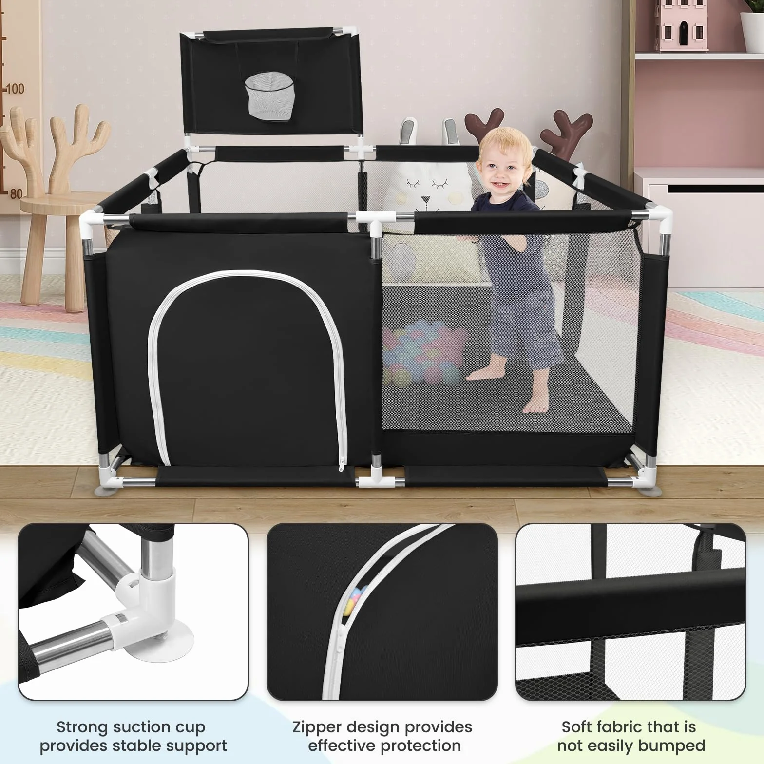 Parc Bébé,Modulable 126x126cm,50 Balles,Pliable pour Enfants 0-24 Mois,Aire de Jeu Sécurisée Maison, Tapis Anti-Dérapant Intérieur,Centre d'Activités pour Enfants,Basketball Rack