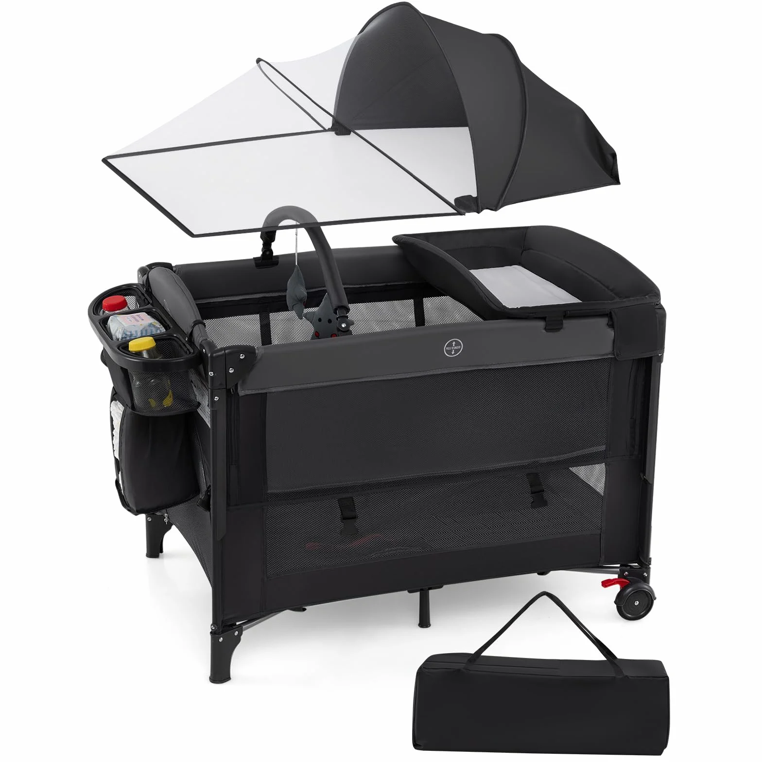 COSTWAY 5 en 1 Lit Parapluie Bébé avec Matelas Moustiquaire Table à Langer, Lit de Voyage Hauteurs Réglables, Charge Max 15kg 0-3 Ans