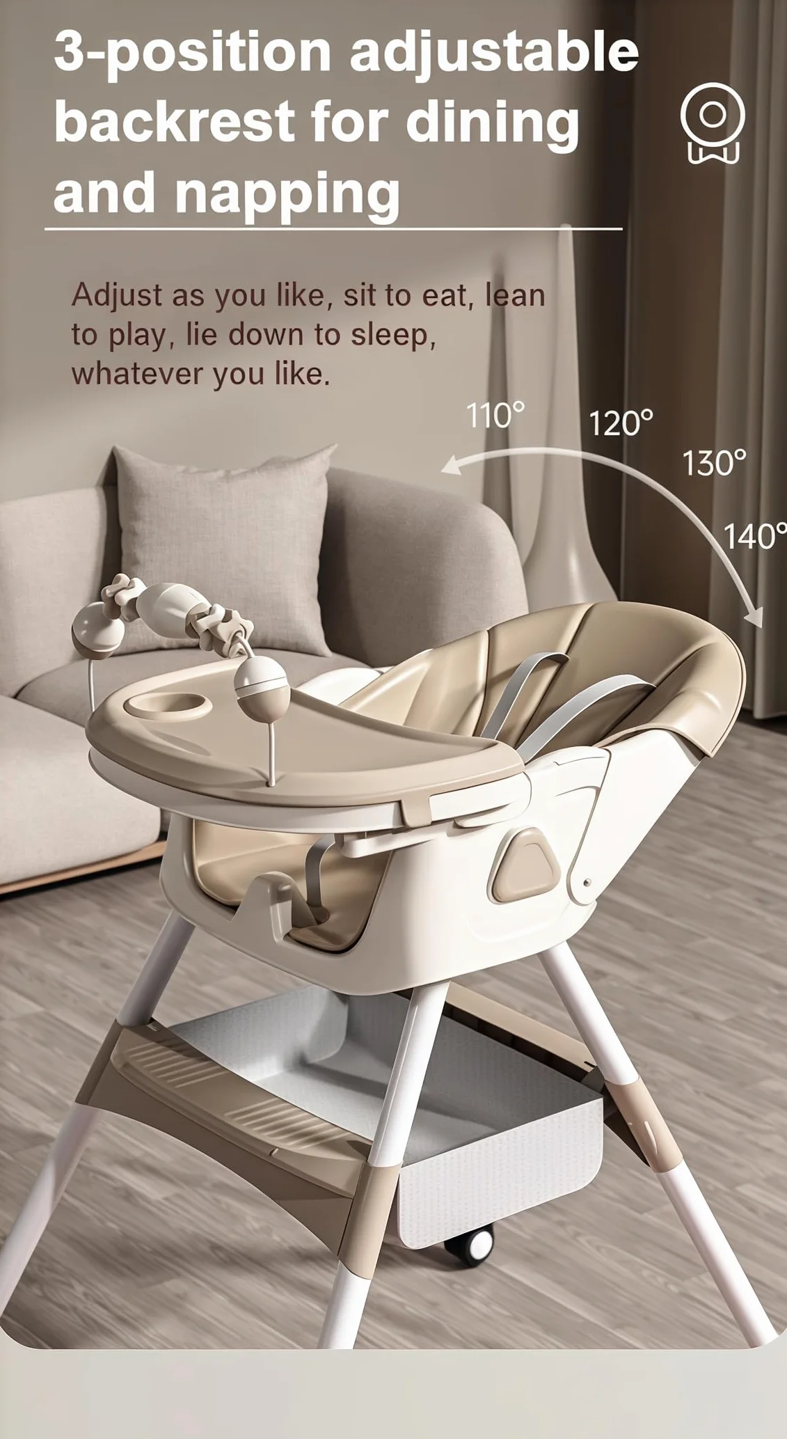 MoLi Cuir PU Chaise Haute Bébé avec Fonction Bascule, Chaise Haute Bébé Evolutive à Roulettes, Réglable et Facile à Plier Chaises Hautes, Chaises Bebe avec Double Plateau (560 Khaki)