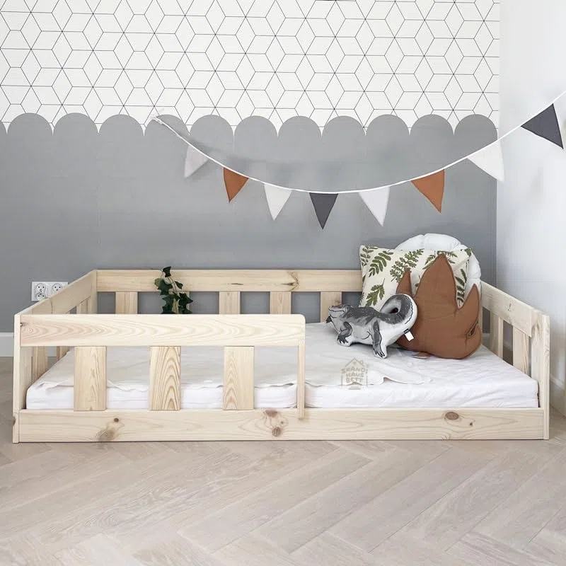 Lit au Sol 60x120 Bois Naturel Bébé Sécurité