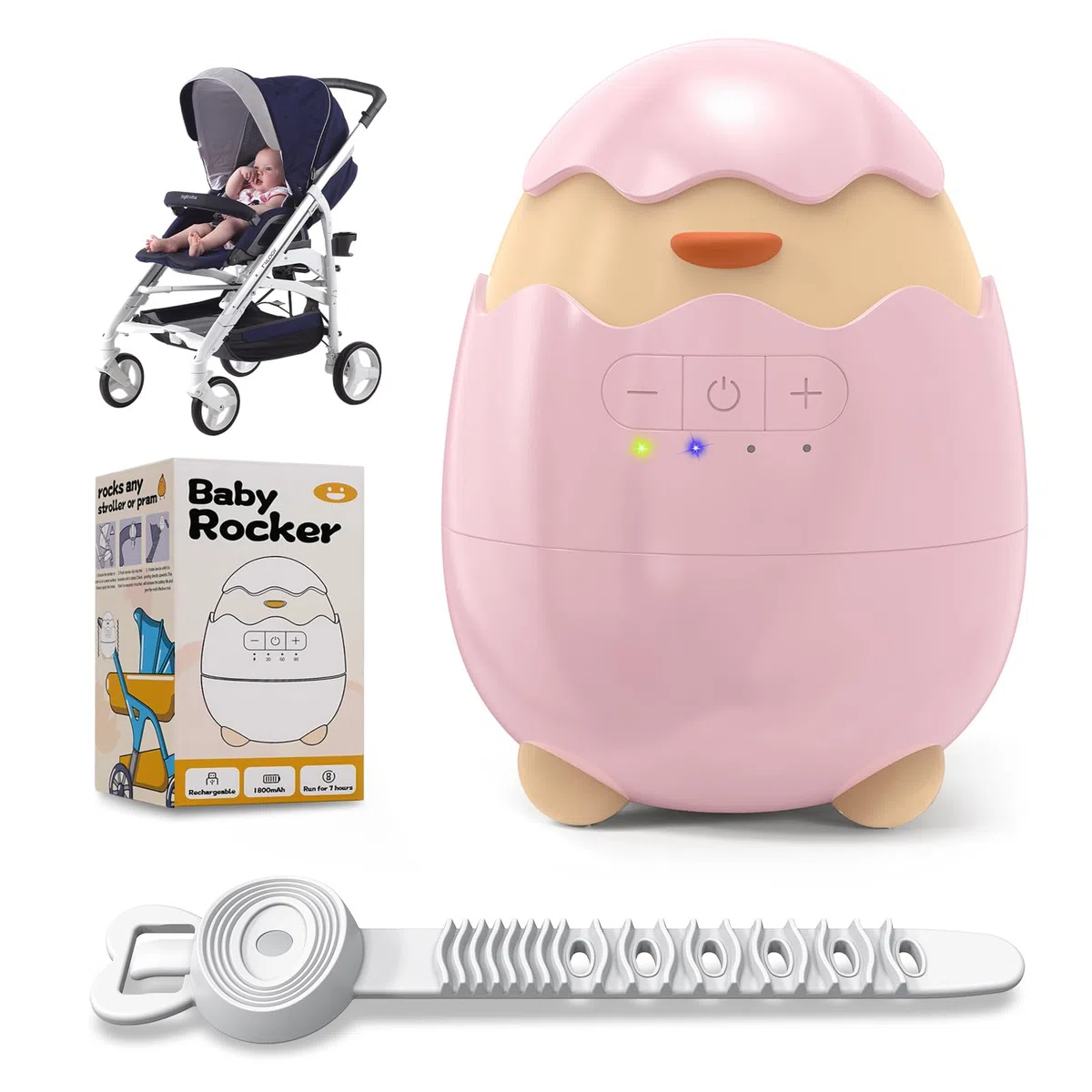 Robofun Balançoire Automatique Pour Bébé, Rocker Rechargeable- Accessoire Électrique Portable avec 30-60-90 Minuterie et 5 Vitesse Réglable - Compatible avec la Majorité des Poussettes, Rose