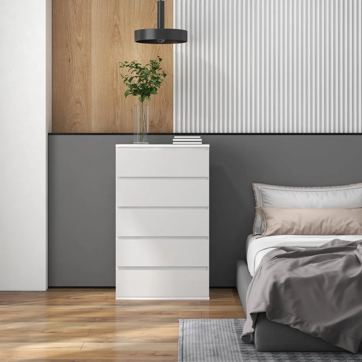 HOMCOM Commode 5 tiroirs, Meuble de Rangement étroit sans poignées, chiffonnier, Style Moderne, Commode pour Chambre à Coucher, Salon, Couloir, 60 x 39 x 100 cm, Blanc