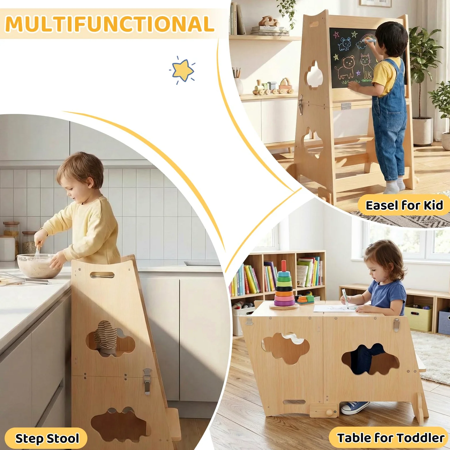 KIDINIX Tour d'Observation Enfant, Tour d'Apprentissage 3 en 1 avec Garde-Corps et Tableau Noir, Tour Montessori Pliable