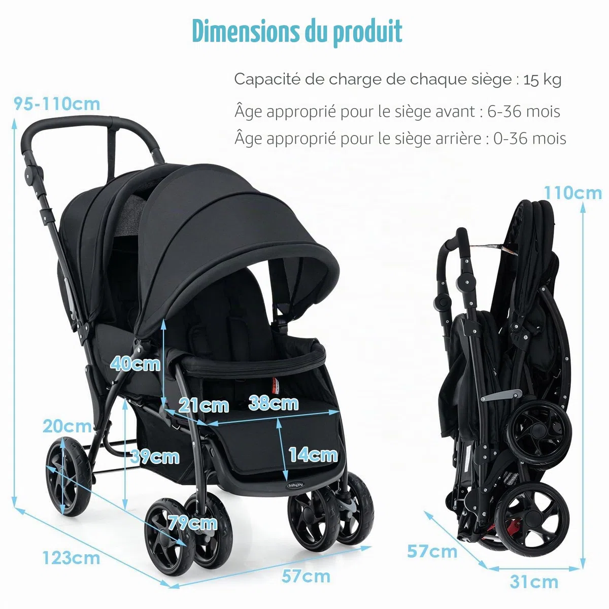 FANTASK Poussette double pliable avec dossier réglable et capote - Pour bébé à partir de 6 mois - Charge maximale : 30 kg - Noir