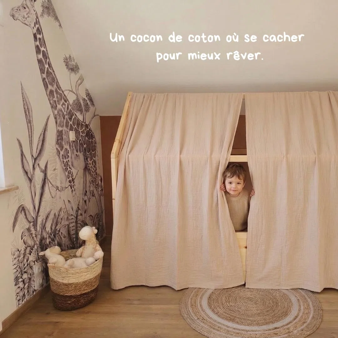Ciel de lit cabane,100x350 cm, Coton Biologique Beige, décoration pour Chambre bébé ou Enfant. Inclus : 2 Toiles lit cabane; 2 Feuilles de décoration et Les Attaches Pratiques.