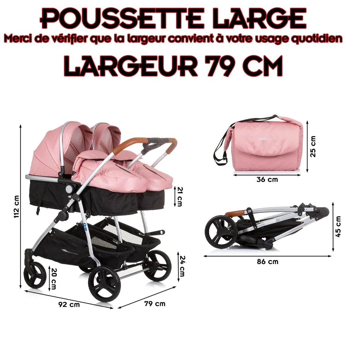 DUO SMART Poussette jumeaux ou enfants rapprochés largeur 79 cm Flamant rose sans cosy