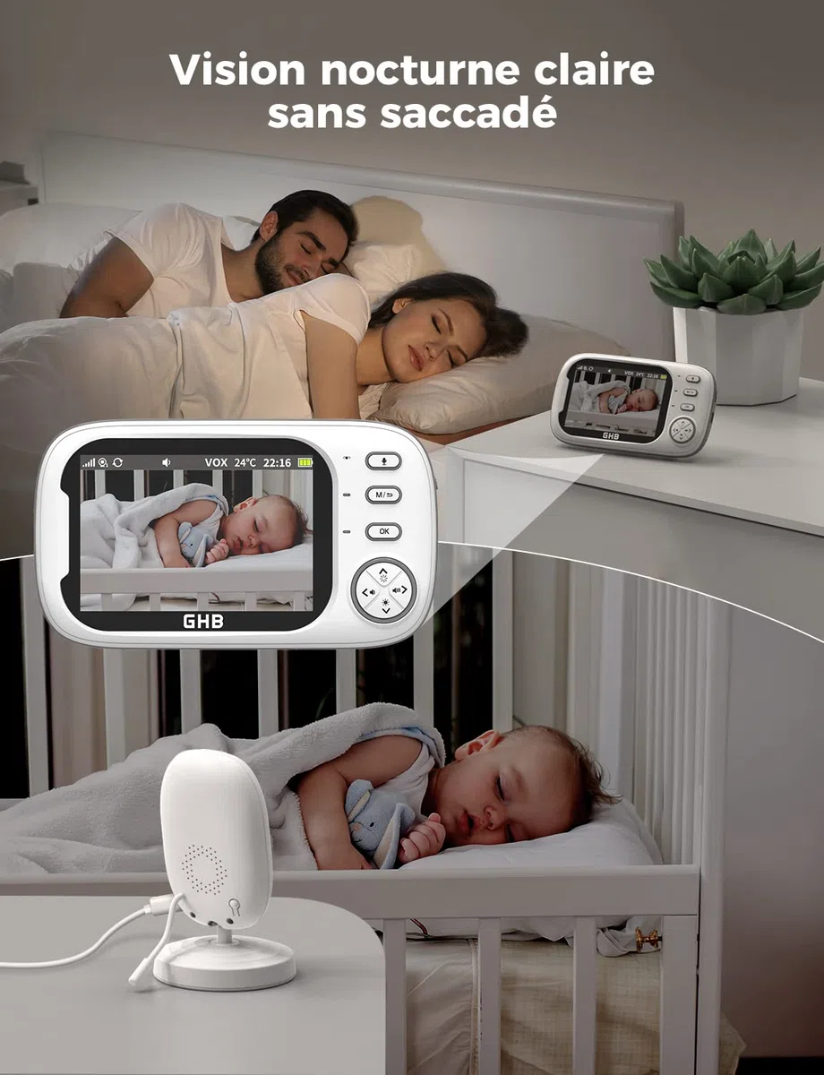 GHB Babyphone Camera Écran LCD 3,5 inches Camera Surveillance Bebe 4X Zoom 8 Berceuses sans WiFi 2,4 GHz Surveillance de Température Vision Nocturne