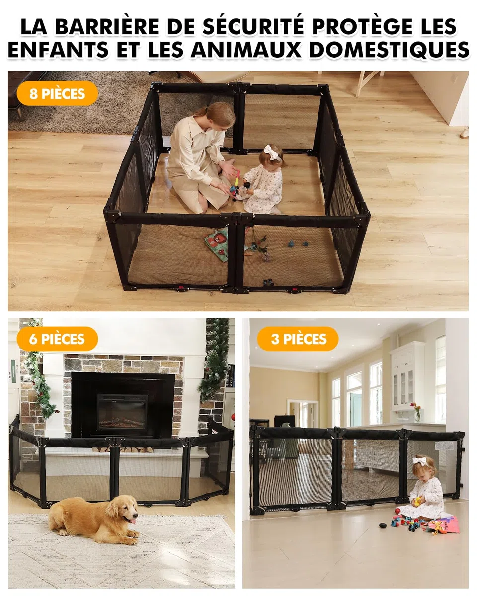 Derimkcoa Barrière de Sécurité Enfants pour Cheminée avec Porte 210 cm, 3 Pièces Barrière Escalier Pliable Bébé, Protection Enfants et Animaux, Grille de Sécurité pour Poêle