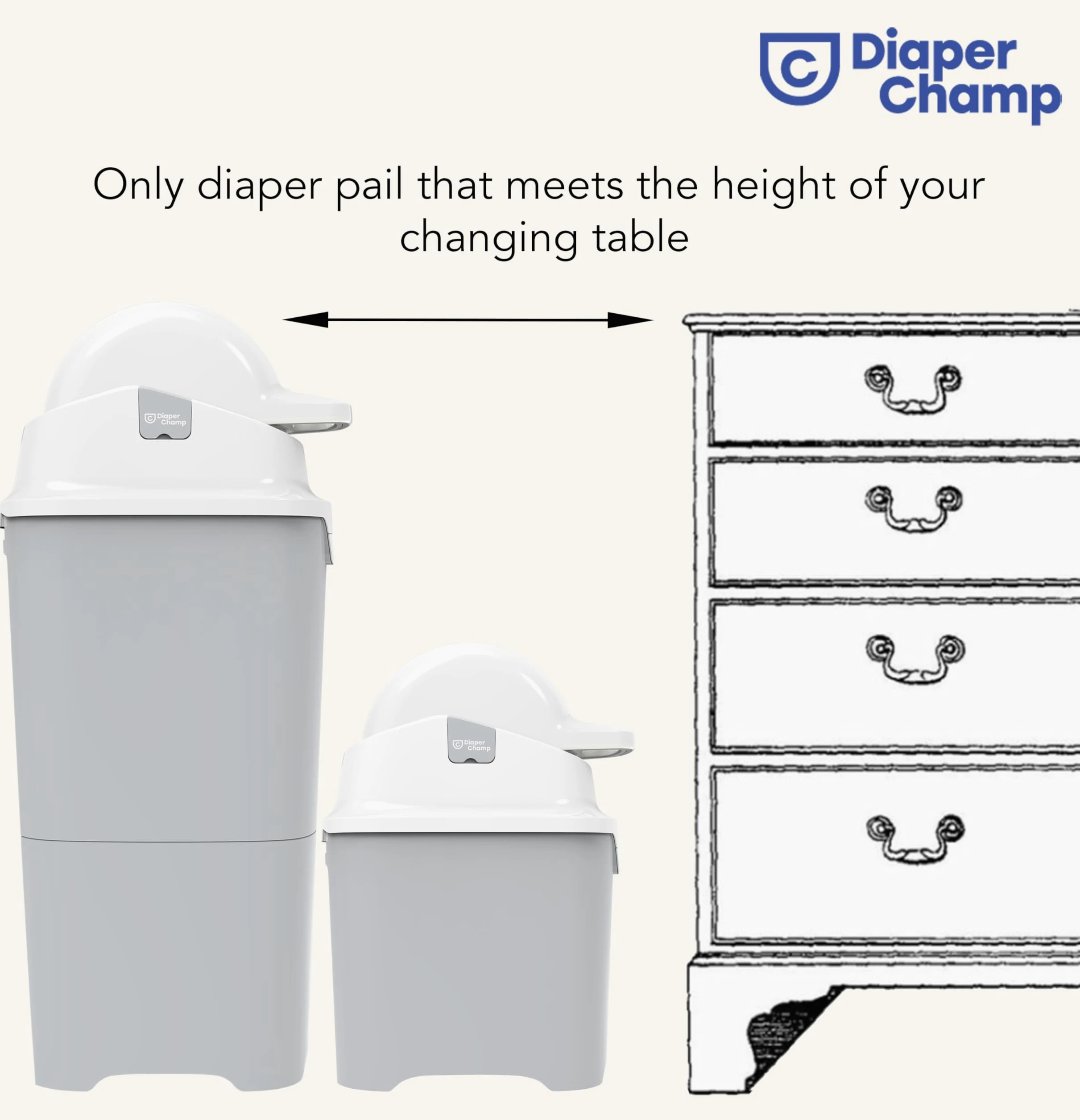 DIAPER CHAMP One – Poubelle à couches anti-odeurs, capacité 30 couches, sacs classiques, sans cassettes de recharge -Pro - haute qualité - Gris
