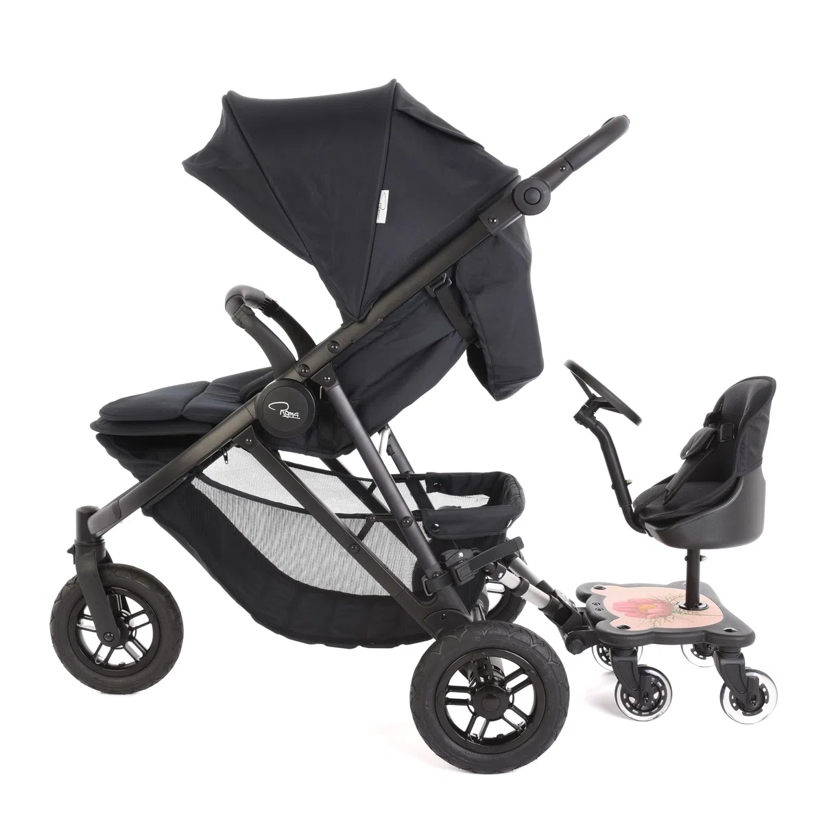 Roma X RHS Planche universelle pour poussette 4 Rider avec siège - Roues à LED, siège à motifs, s'adapte à 99% des landaus, pour enfants de 1 à 6 ans (25 kg), design à 4 roues, roue jouet, assise ou