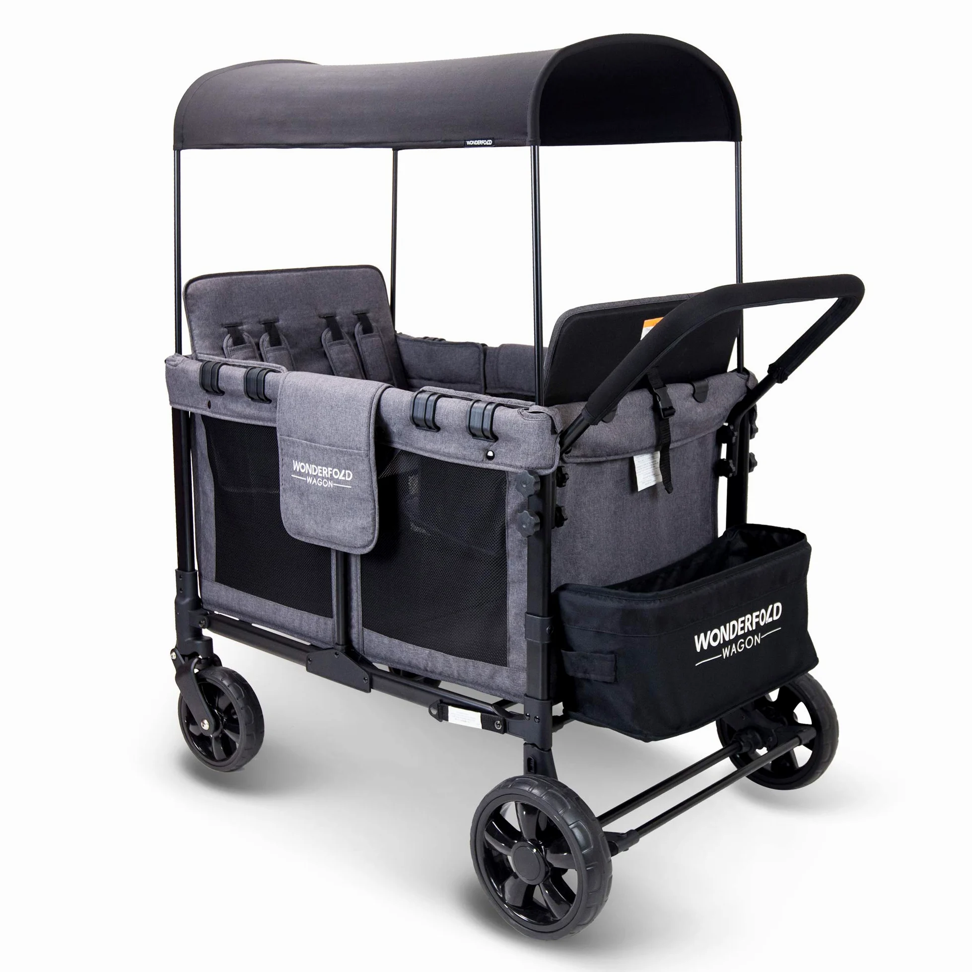 WONDERFOLD W4 Original Poussette (4 places) – Poussette pliable avec sièges avec harnais à 5 points, porte zippée facile d'accès et pare-soleil amovible, gris