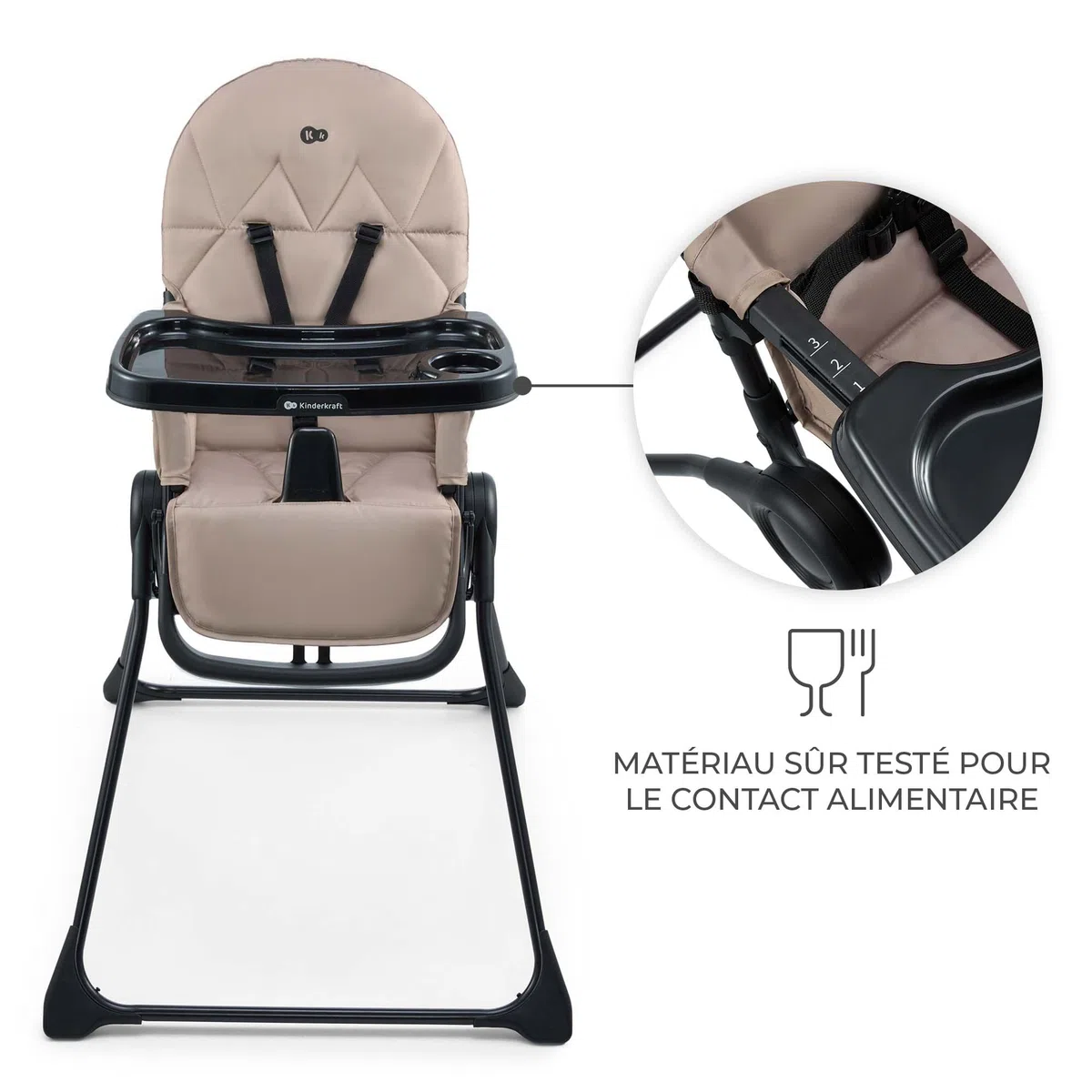 Kinderkraft BINCI chaise haute, légère et pliable, 5 kg, avec plateau, repose-pieds et harnais 5 points, idéale pour petits espaces et voyages, Beige