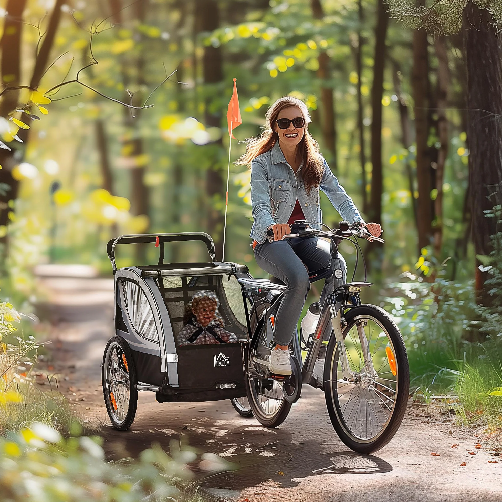 HOMCOM Remorque Enfant Pliable 2 en 1 Vélo Roue Avant Amovible Freins arrière 2 Enfants 18 Mois Charge 26.4 kg Gris