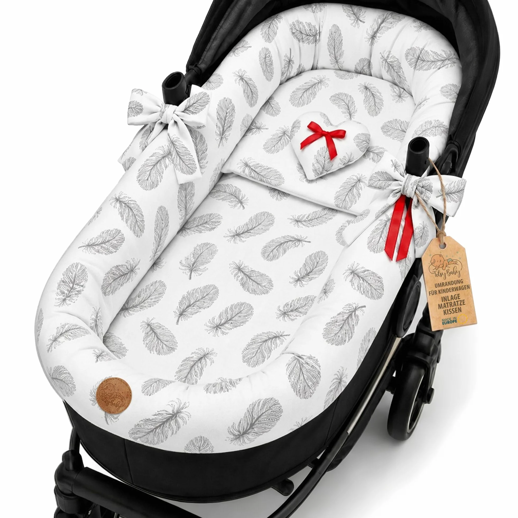 Housse de Nacelle Universelle en Mousseline de Coton – Habillage Respirant qui Habille et Protège la Poussette – Set 3 Pièces avec Coussin et Matelas pour Nouveau-né Plumes