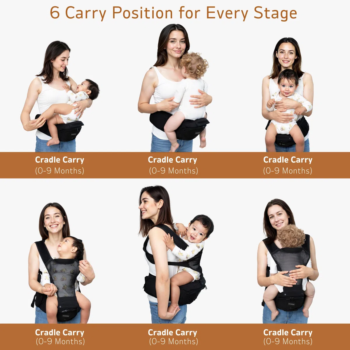 Porte-bébé avec siège hanche pour 0-36 mois (3-35 kg), 6 façons de porter, Noir