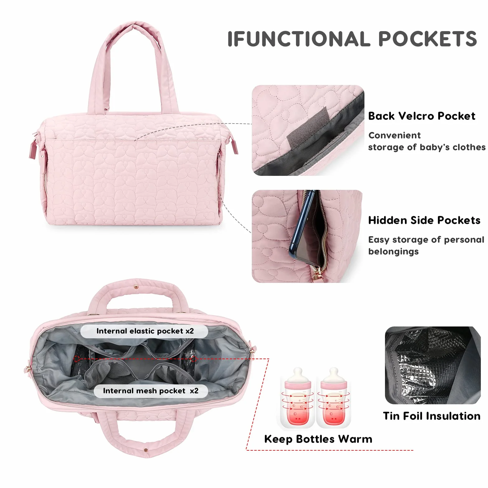 SONARIN Multi-Poches Sac à Langer pour Bébé Fourre-tout,Grande Capacité Multifonctionnel Sac Bandoulière à Langer Sac de Maternité Sac à Couches de Voyage avec Bretelle Unique(Rose)