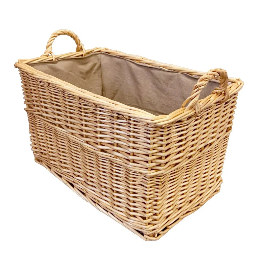 Panier de luxe rectangulaire en osier avec doublure et poignées (moyen, naturel)