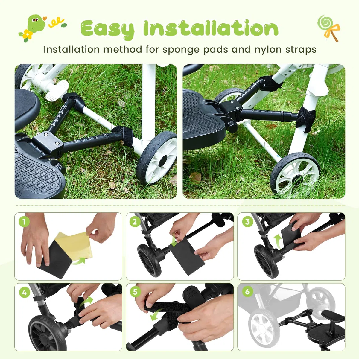 Planche Poussette Universelle, Skate Poussette Universelle, Portable Kiddy Boards avec Sangle de Suspension, Planches à Roulettes pour bébé pour Enfants de 2 à 6 Ans (25kg)