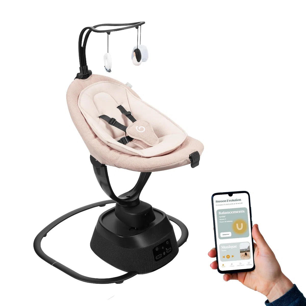 Babymoov Balancelle Bébé Électrique Swoon Evolution Mocca-Connectée avec Application mobile - Streaming musical, Enregistrement de voix et Berceuses personnalisées - Assise 360° - Réducteur nouveau-né
