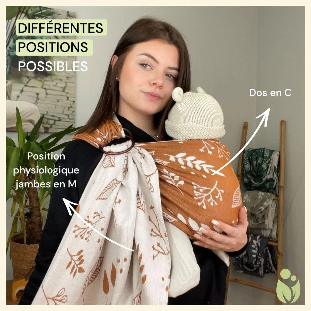 Naturioù - Ring Sling - Écharpe de Portage Sans Noeud Jacquard - 100% Coton - Motif Réversible - Botanie Caramel
