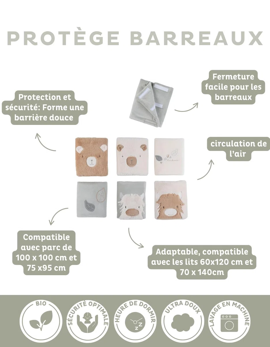 Noukie's – Protèges-Barreaux Fluffy Orso & Lily – Protection Lit ou Parc Bébé – Respirant avec Fixation Scratch – Compatible Lits 60x120 et 70x140 cm – Naissance