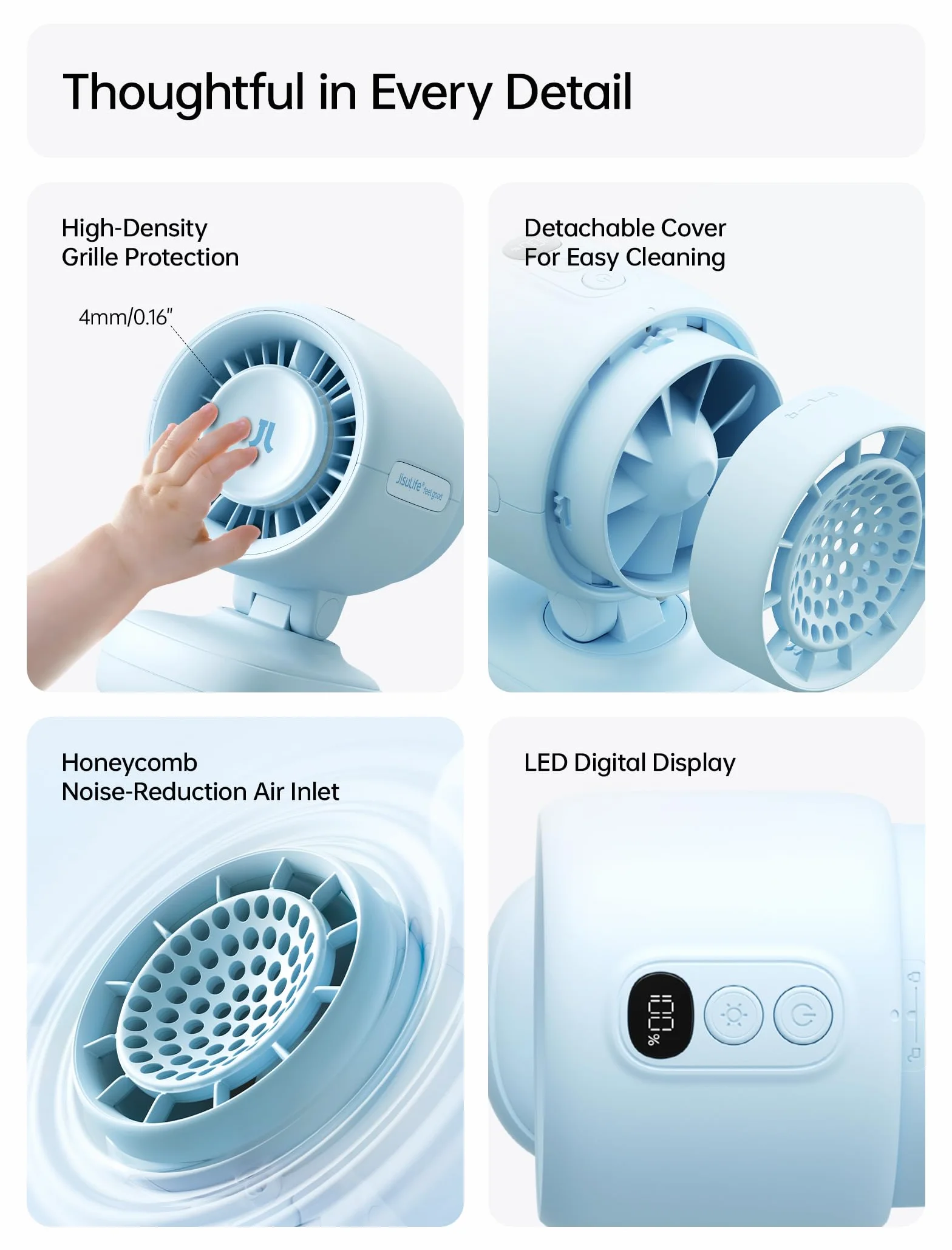JISULIFE Mini ventilateur de poussette portable à clipser à piles avec veilleuse, 5 vitesses, écran LED, support flexible amovible, sans danger pour berceau, tapis de course, voyage – Bleu