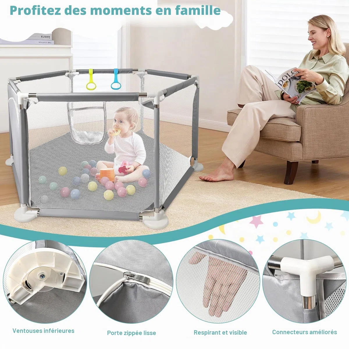 CHOLY Parc pour bébé et tout-petits, parc hexagonal stable avec filet respirant, clôture d'activités pour enfants pour l'intérieur et l'extérieur avec sac de voyage (gris clair)