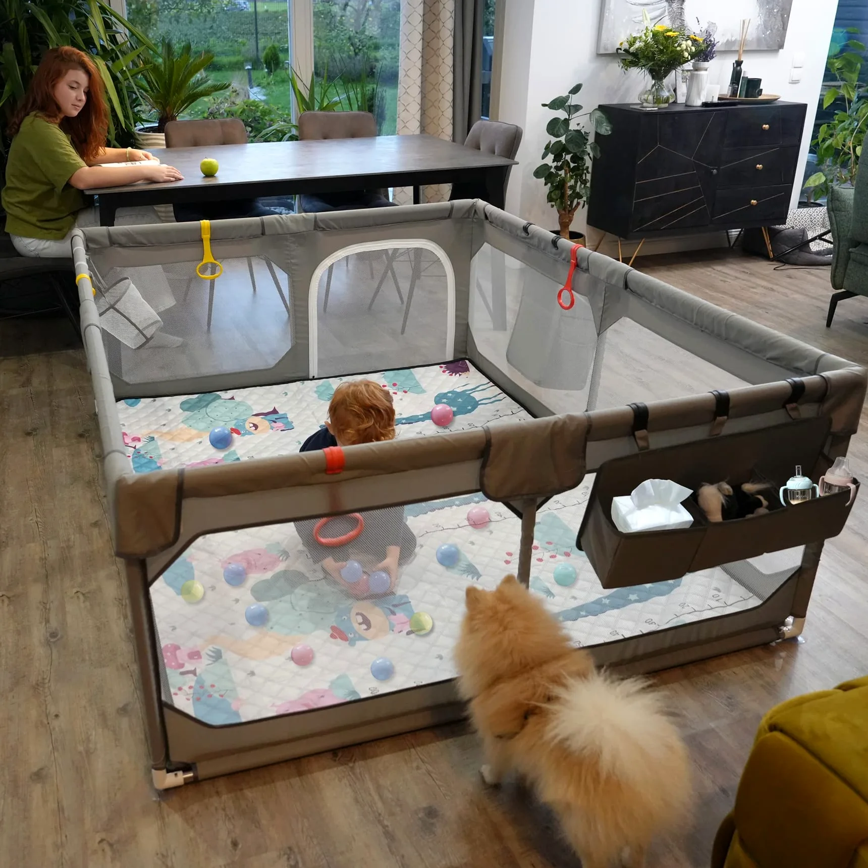 JINXIA Parc Bebe,190x150 cm,XXL Pliable Parc Modulable Bébé Avec Barrieres/Filets/Balle Océanique/Panneau d'activité,Playpen extra grand pour bébés et tout-petits,parc enfant,Gris