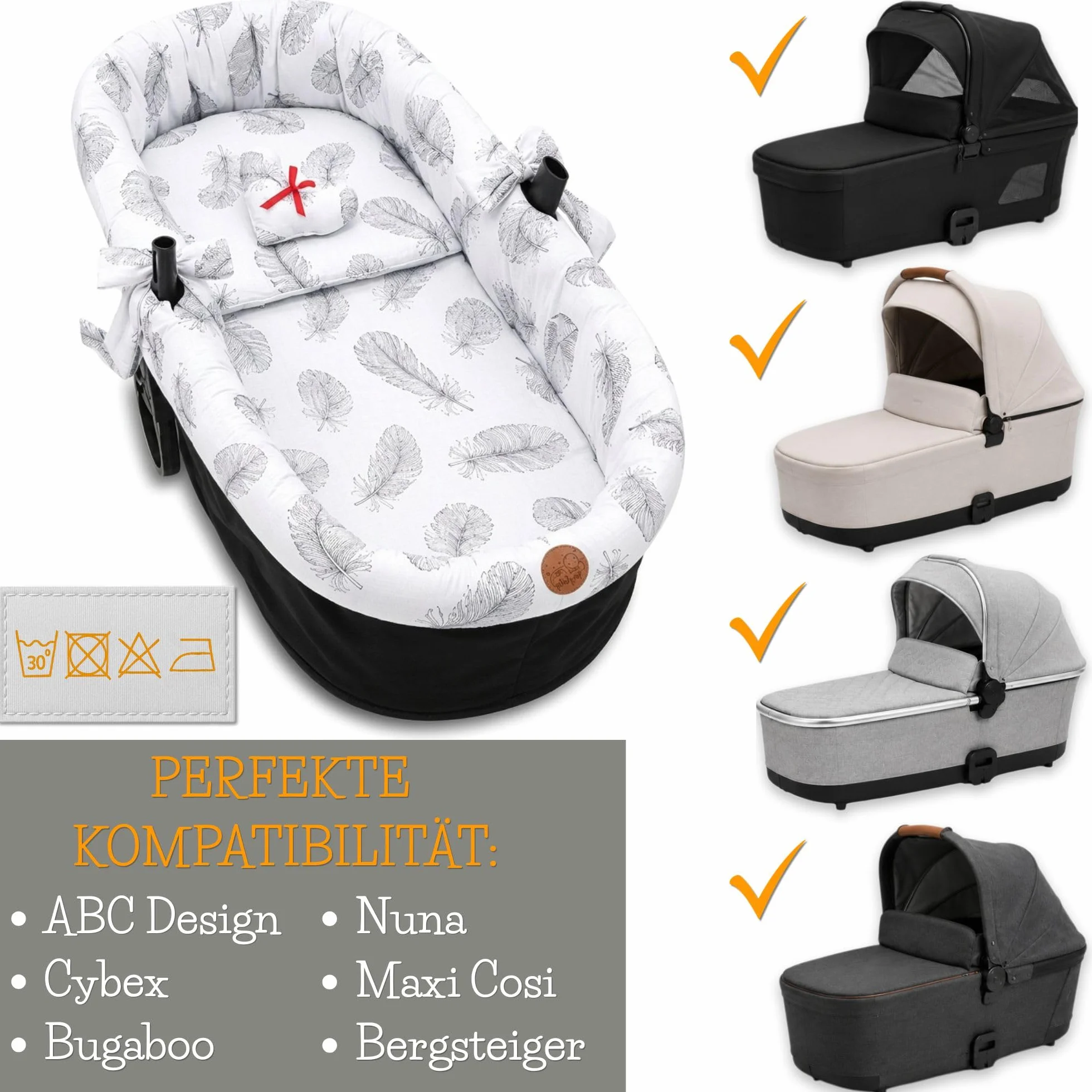 Housse de Nacelle Universelle en Mousseline de Coton – Habillage Respirant qui Habille et Protège la Poussette – Set 3 Pièces avec Coussin et Matelas pour Nouveau-né Plumes