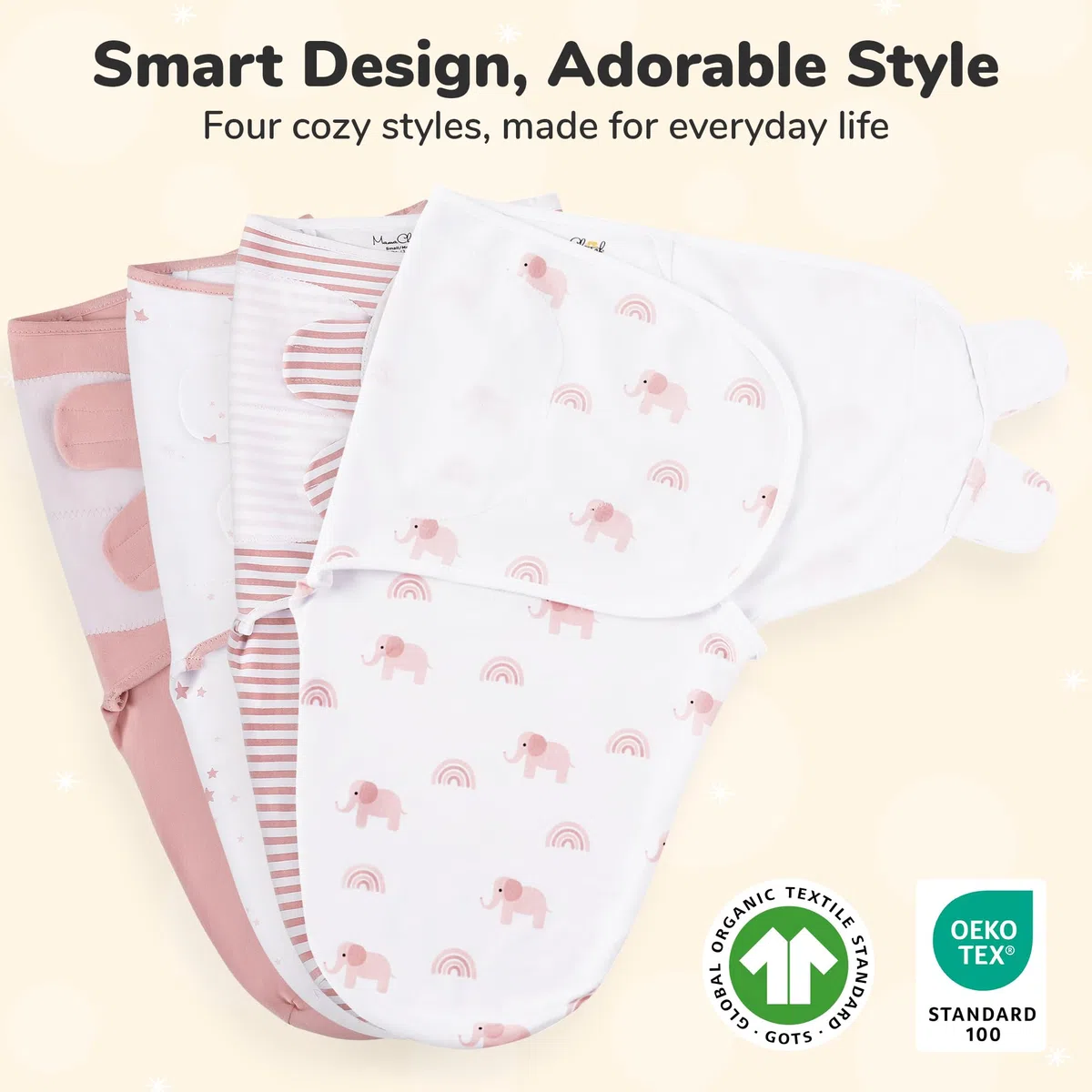 Mama Cheetah – Lot de 4 couvertures d’emmaillotage en Coton Bio pour bébé, Langes Ajustables faciles à Utiliser pour garçon et Fille de 0 à 3 Mois, Essentiels pour Nouveau-né