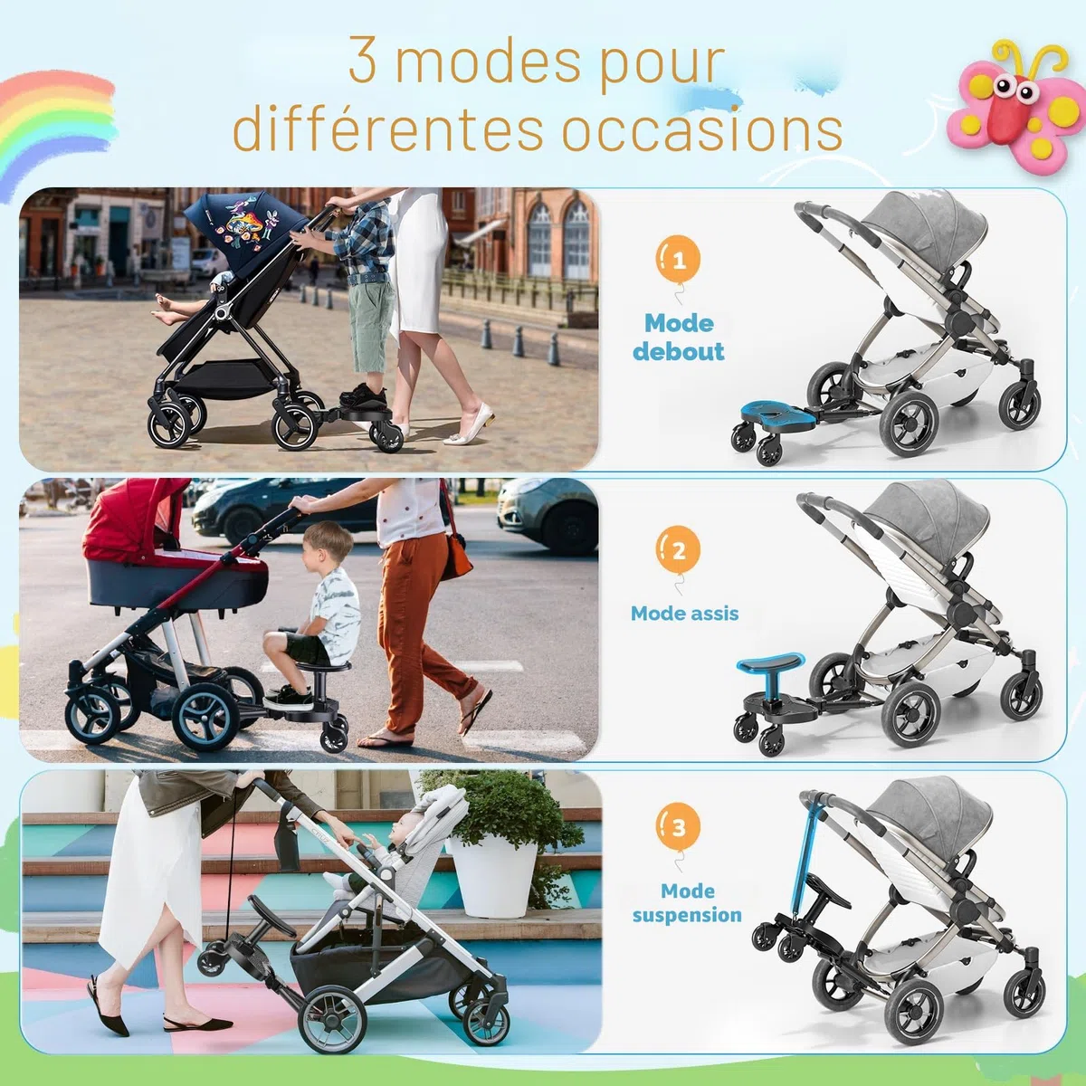 Planche Poussette Universelle, Marche Pied Poussette Universelle avec Siège, Compatible Avec 99% des Poussettes, Planches à roulettes pour Enfants de 2 à 6 Ans (25KG)